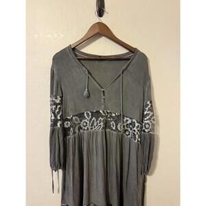 POL Dress Womens‎ Small Blue Embroidered Long Sleeve Boho VNeck Drawstring Chic